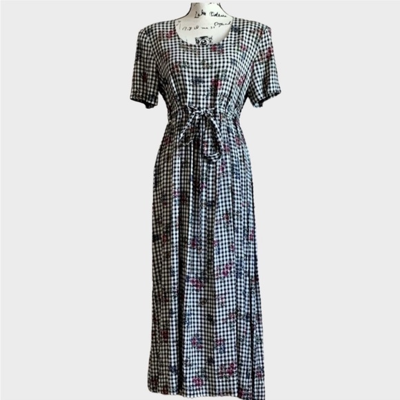 Vintage 90s Black and White Gingham Floral Maxi Dress - Picture 1 of 10